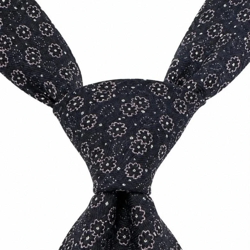 Vtg Villa Ponti Mens Silk Tie Navy Blue‎ OS Floral Geometric Old Money Academia